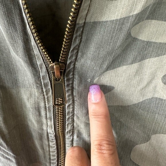 Natural Reflections Camo Chambray Like Ribbed Knit Trim Bomber Jacket Pockets S - Picture 10 of 10